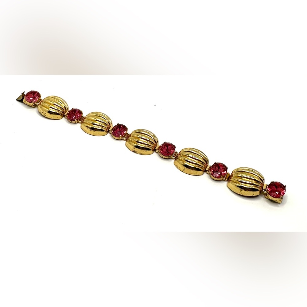 Vintage Czech Pink Chaton Stone Fluted Dome Goldtone Bracelet | Signed Czecho